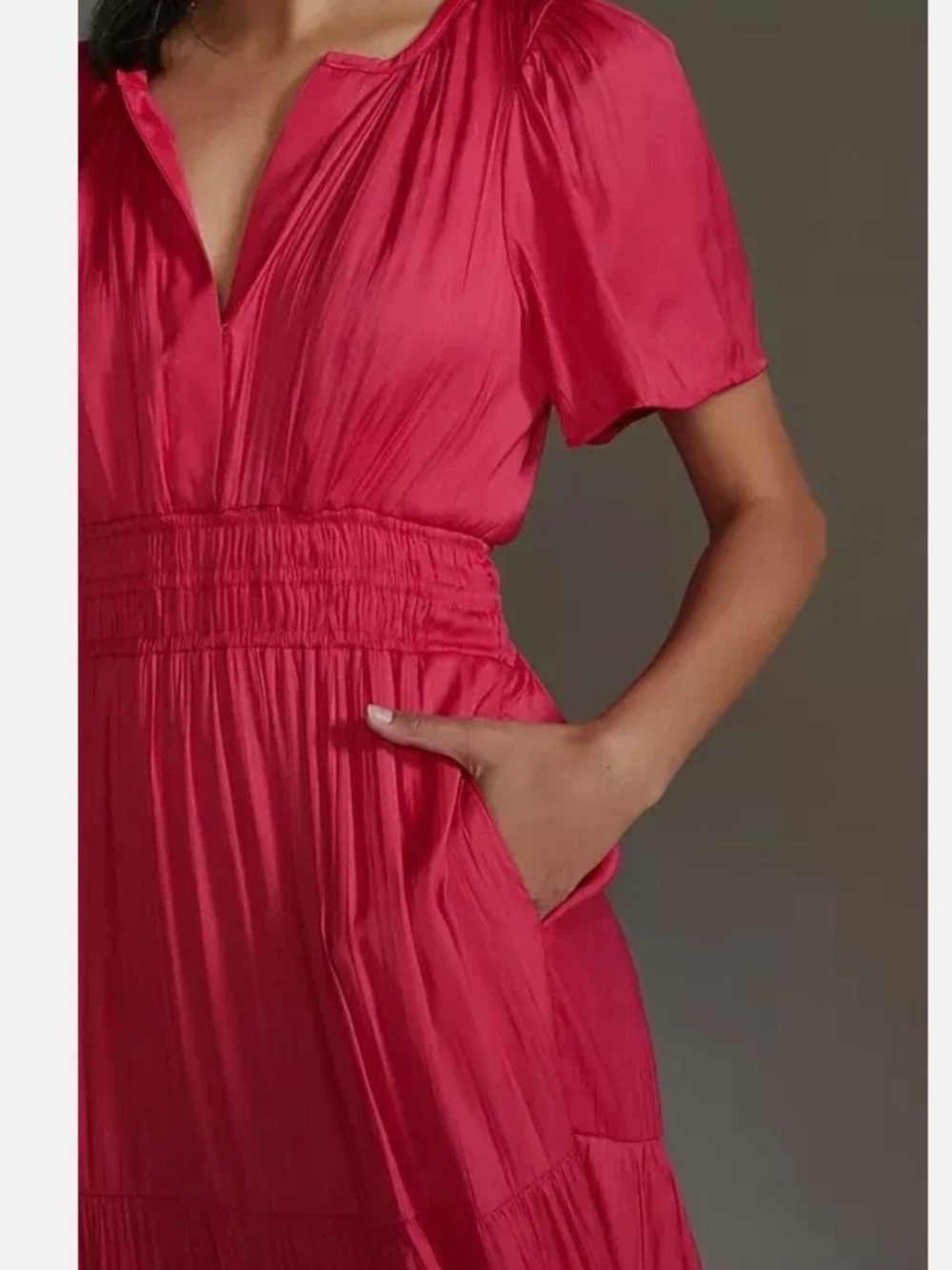 Anthropologie Somerset Maxi Dress Pink Satin Smocked Waist Pockets NWT L - Picture 7 of 14